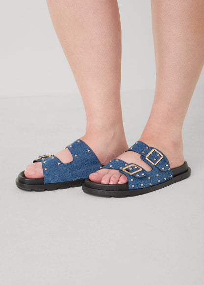 Ashley Stewart Studded Denim Slide Sandals Denim