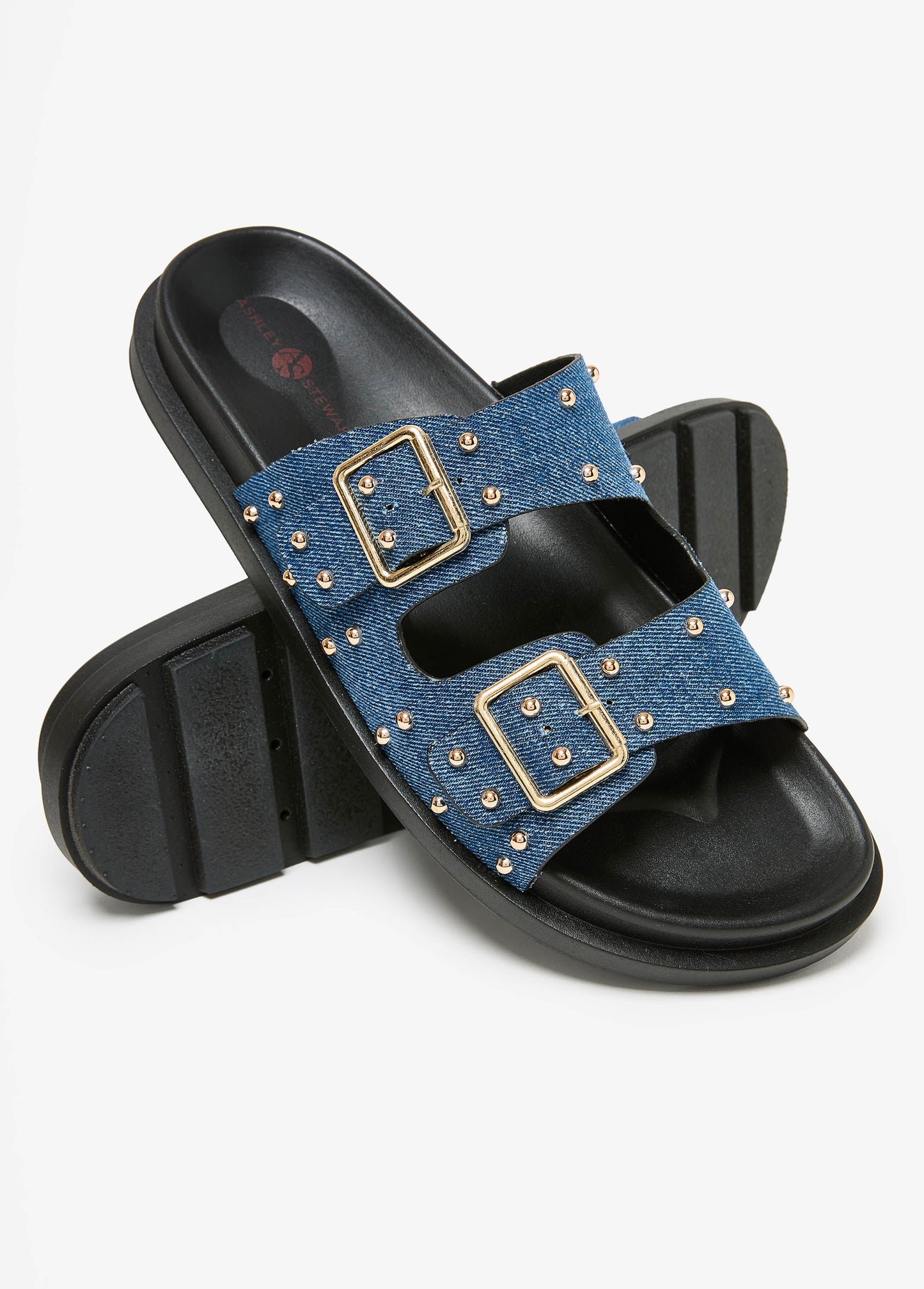 Ashley Stewart Studded Denim Slide Sandals Denim