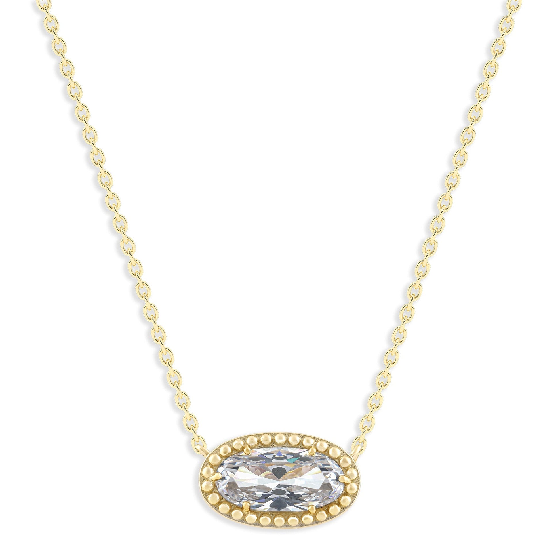 Ashley Stewart Oval Gemstone Necklace in 14K Gold Plated Sterling Silver, Oval Pendan White Zircon
