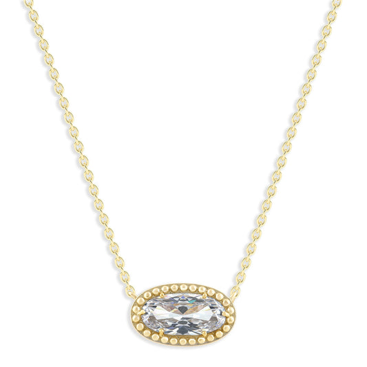 Ashley Stewart Oval Gemstone Necklace in 14K Gold Plated Sterling Silver, Oval Pendan White Zircon