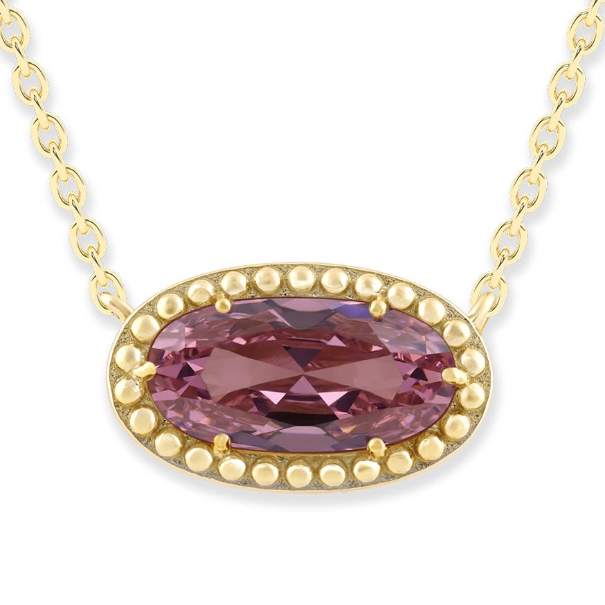 Ashley Stewart Oval Gemstone Necklace in 14K Gold Plated Sterling Silver, Oval Pendan White Zircon