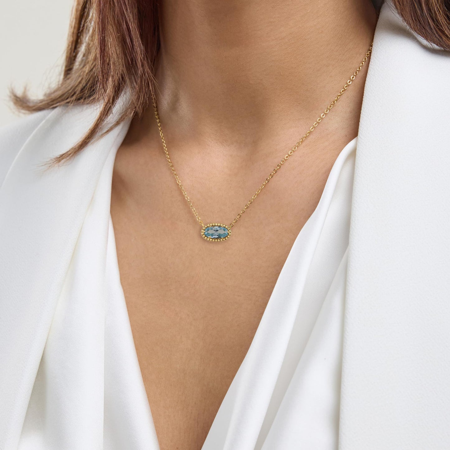 Ashley Stewart Oval Gemstone Necklace in 14K Gold Plated Sterling Silver, Oval Pendan White Zircon