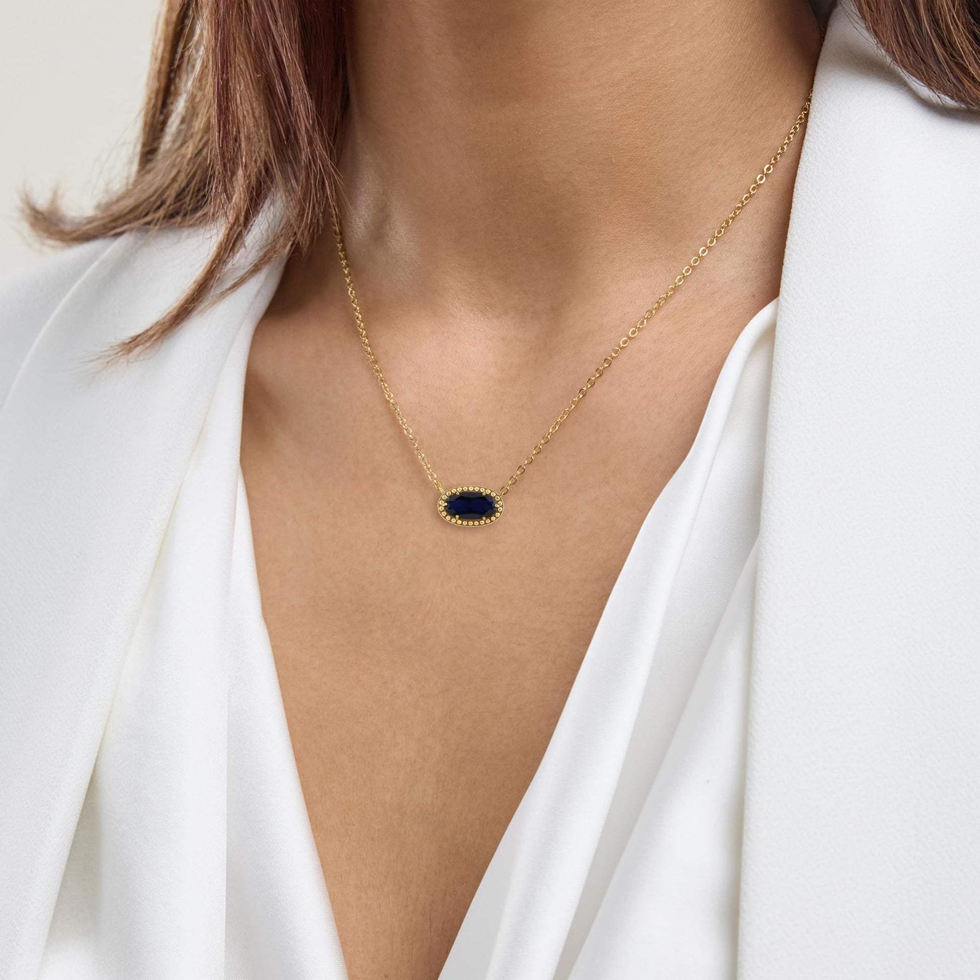Ashley Stewart Oval Gemstone Necklace in 14K Gold Plated Sterling Silver, Oval Pendan White Zircon