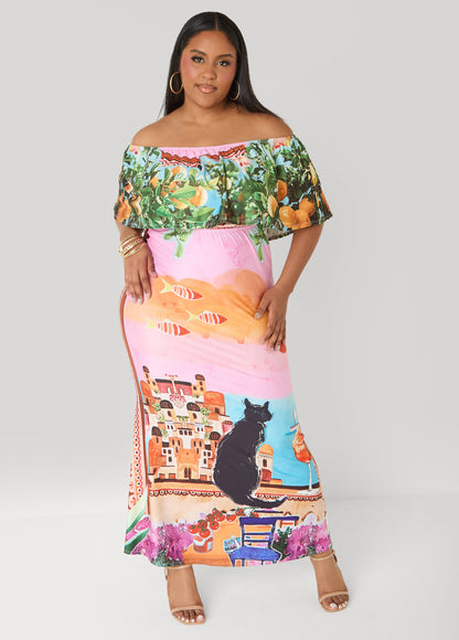 Ashley Stewart Printed Off The Shoulder Dress Multi