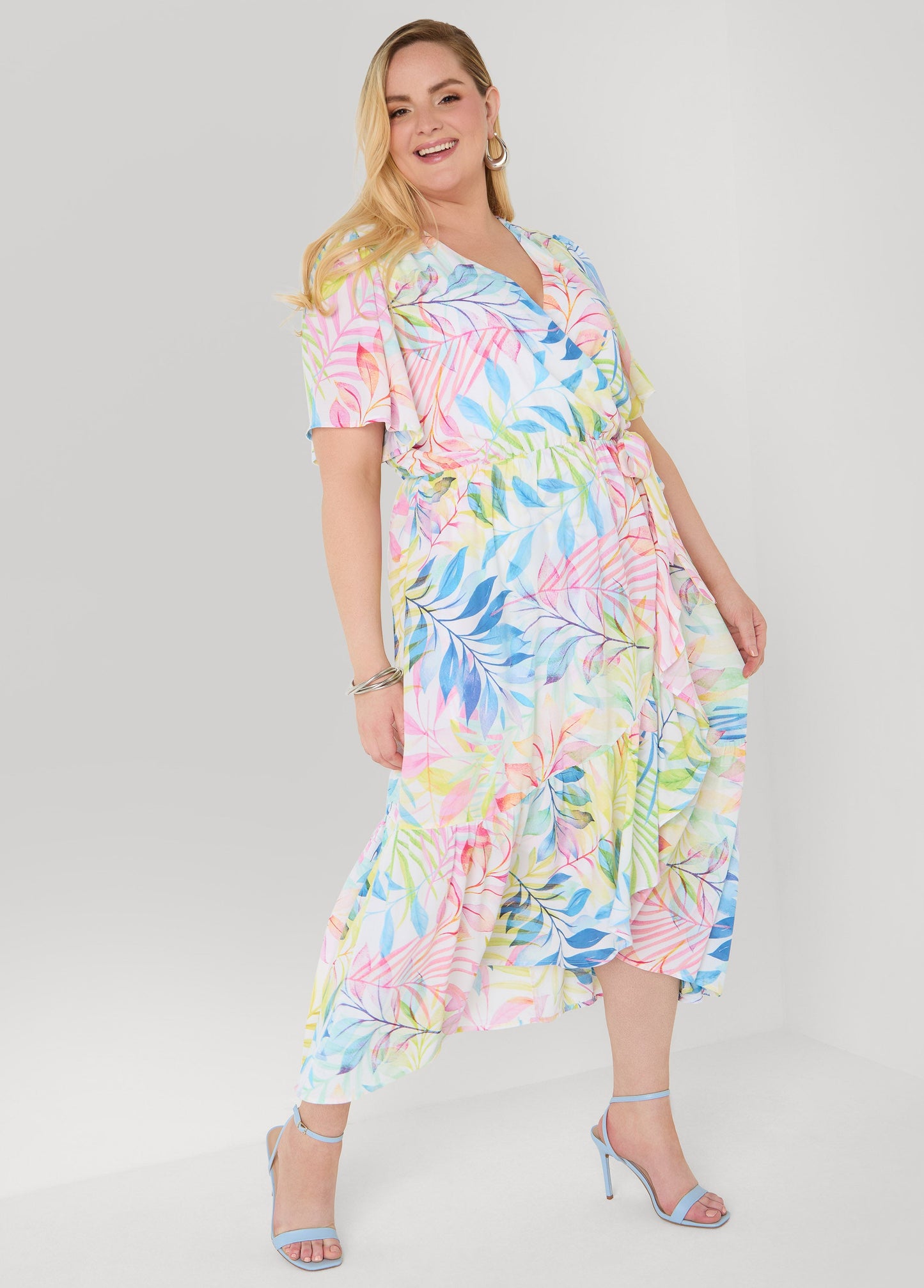 Ashley Stewart Tall Faux Wrap Watercolor Floral Dress Multi