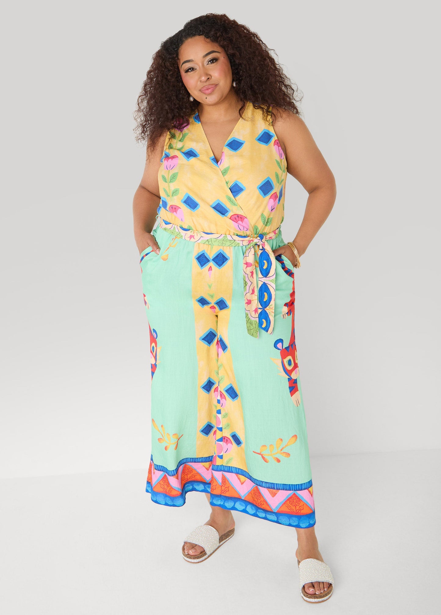 Ashley Stewart Cropped Floral Print Jumpsuit Multi
