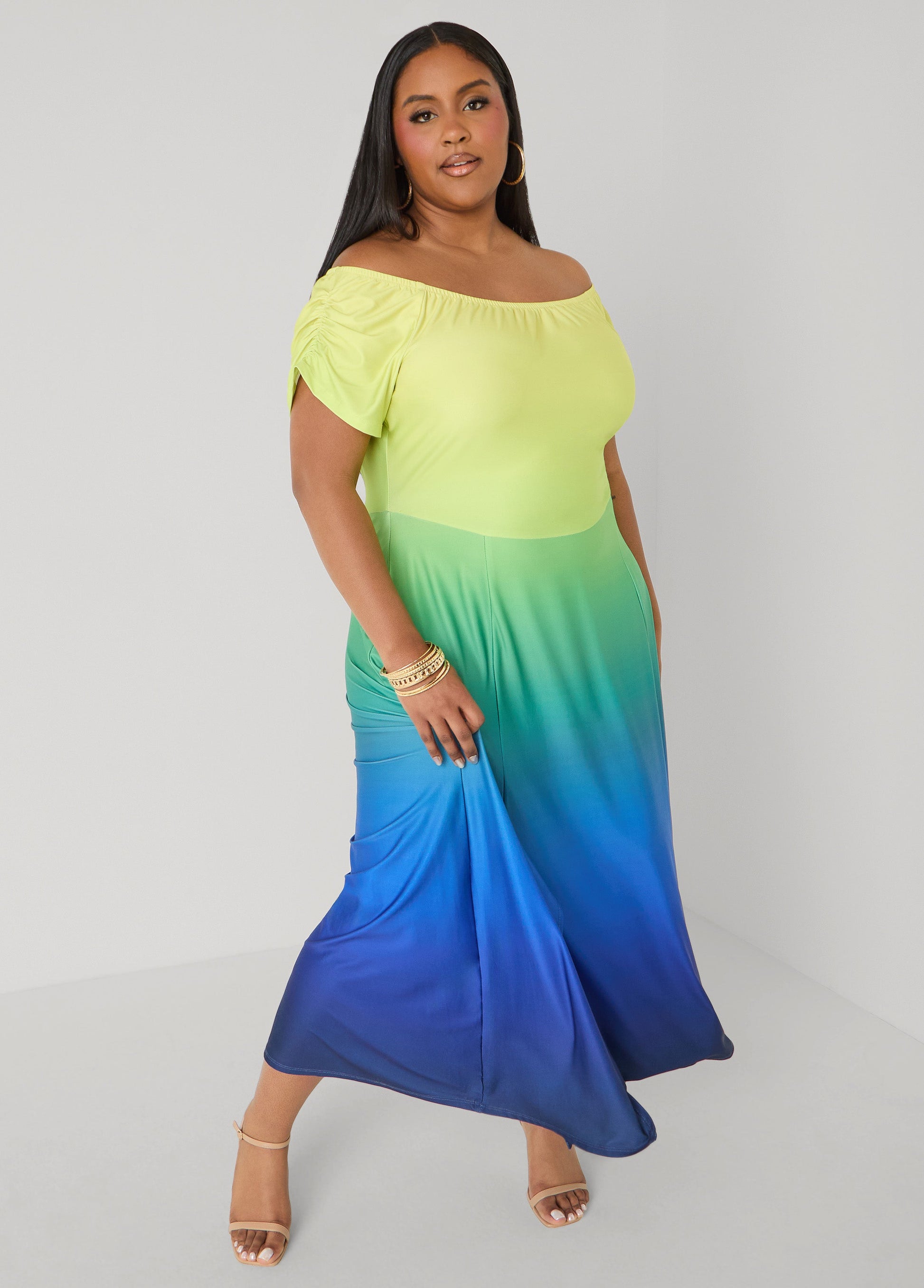 Ashley Stewart Tall Ombre Off The Shoulder Maxi Dress Persimmon Orange