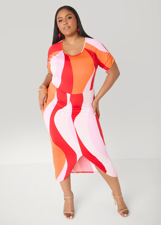 Ashley Stewart Ruched Swirl Print Maxi Dress Multi