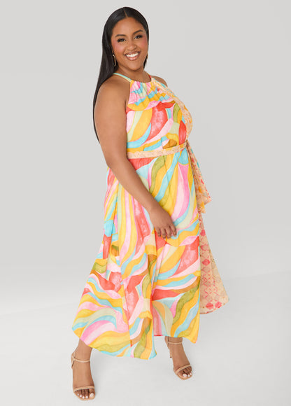 Ashley Stewart Belted Scarf Print Maxi Dress Multi