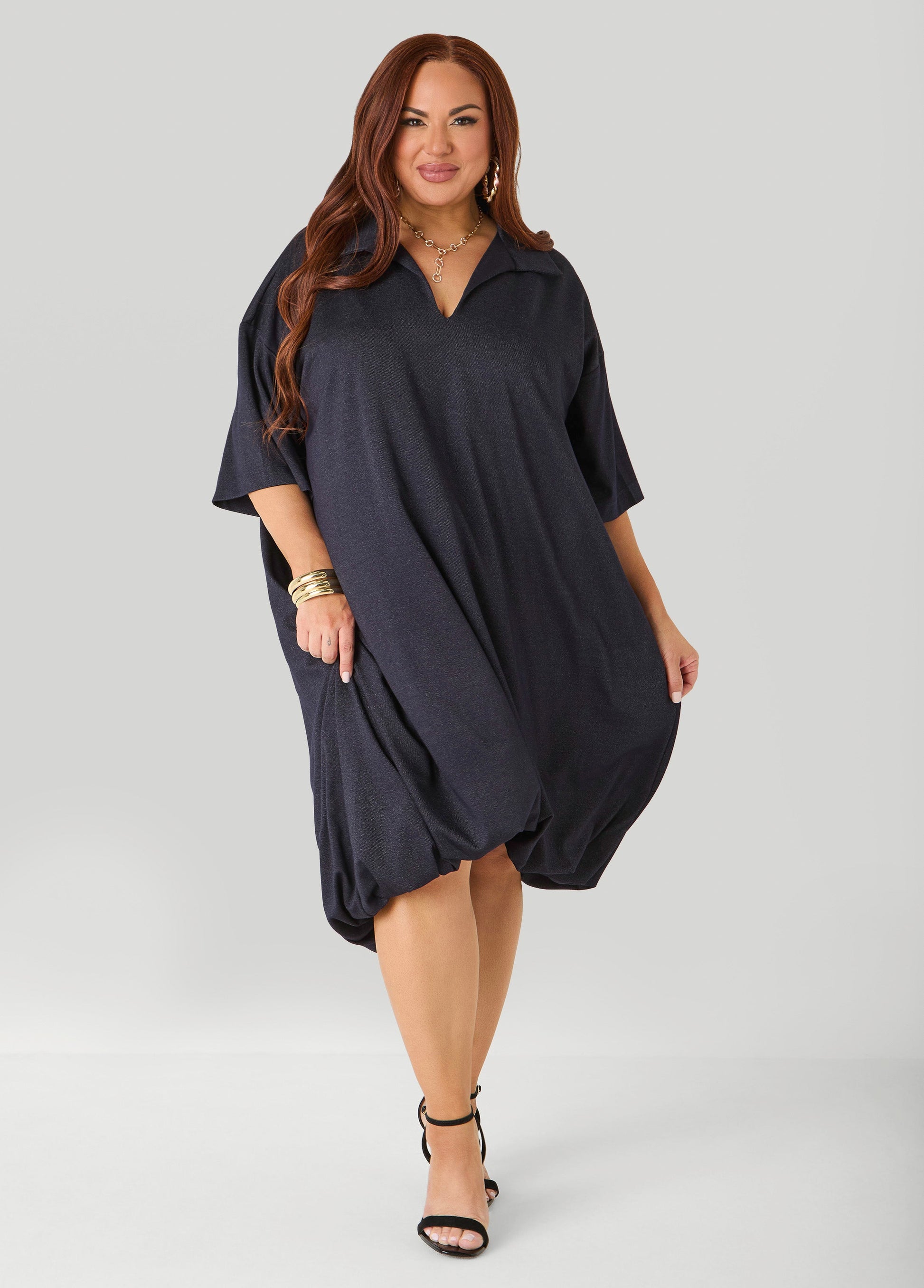 Ashley Stewart Denim Hi Low Bubble Dress Dk Rinse