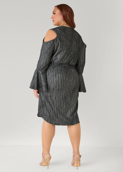 Ashley Stewart Cold Shoulder Textured Denim Dress Black