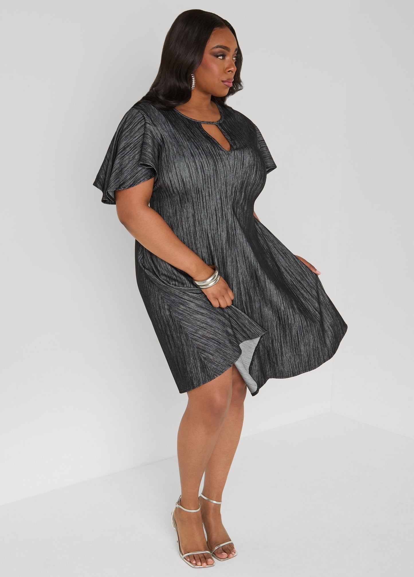 Ashley Stewart Cutout Textured Denim A Line Dress Denim