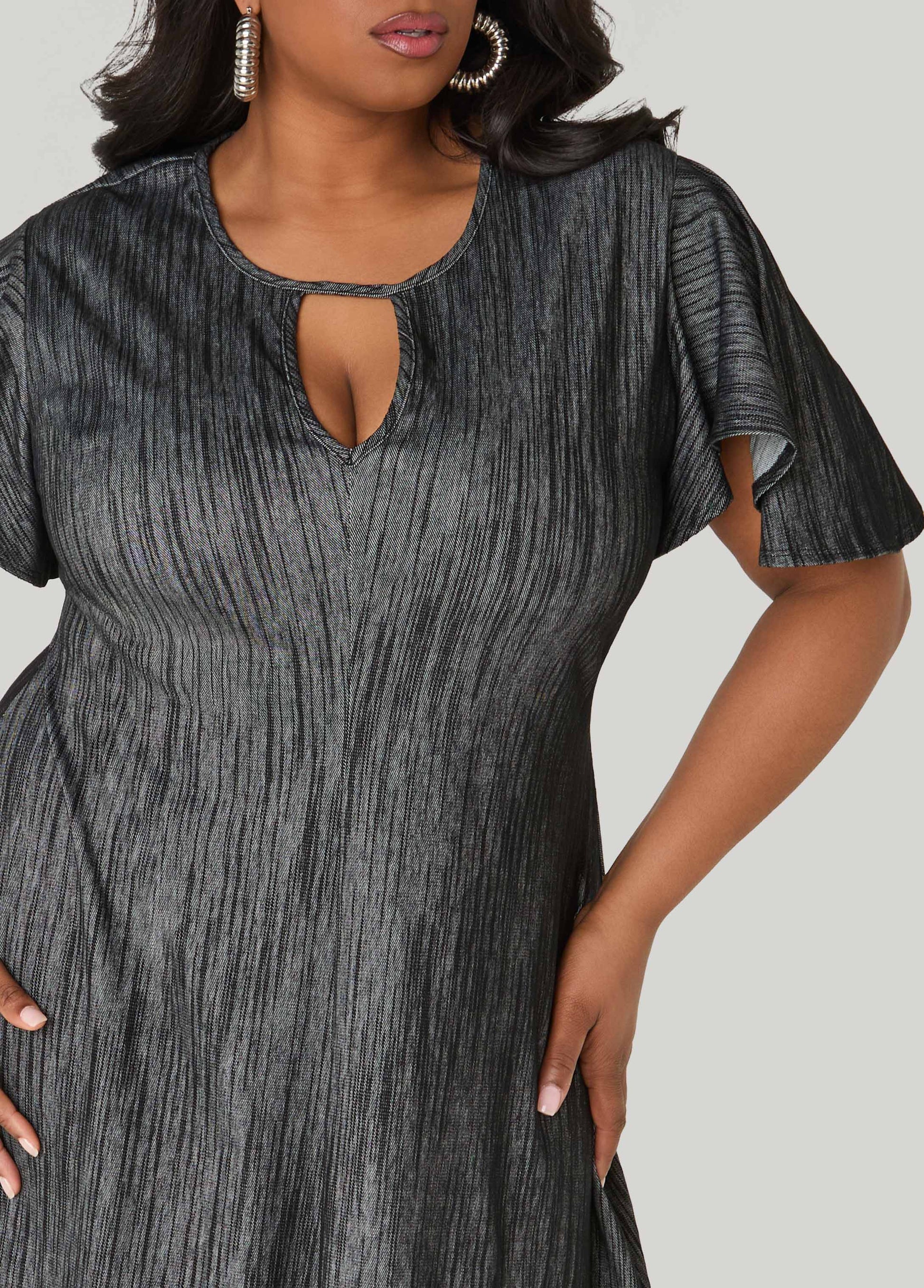 Ashley Stewart Cutout Textured Denim A Line Dress Denim
