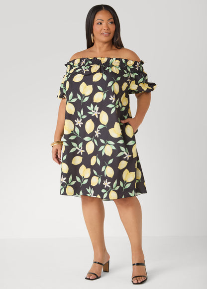 Ashley Stewart Off The Shoulder Lemon Print Dress Black Combo