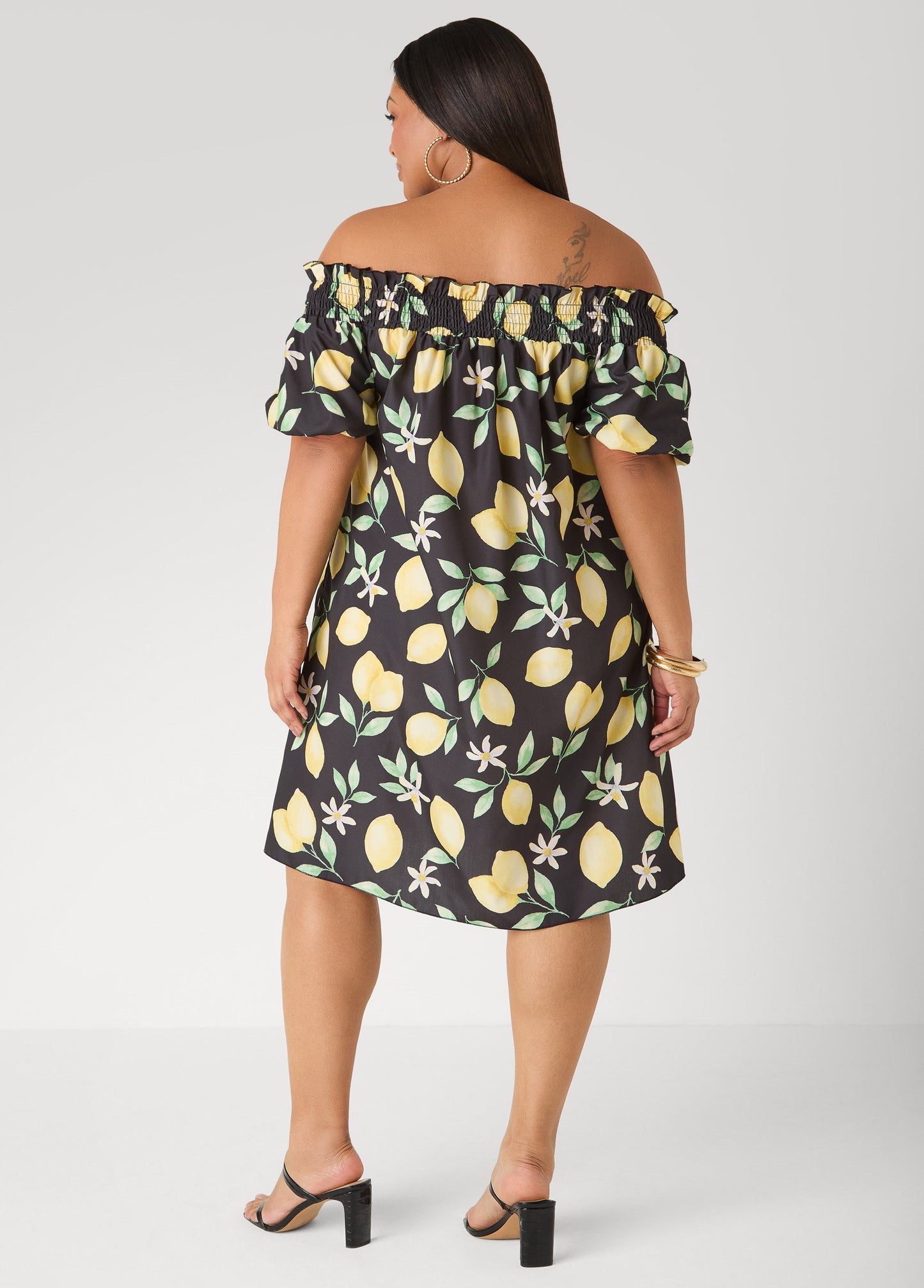 Ashley Stewart Off The Shoulder Lemon Print Dress Black Combo