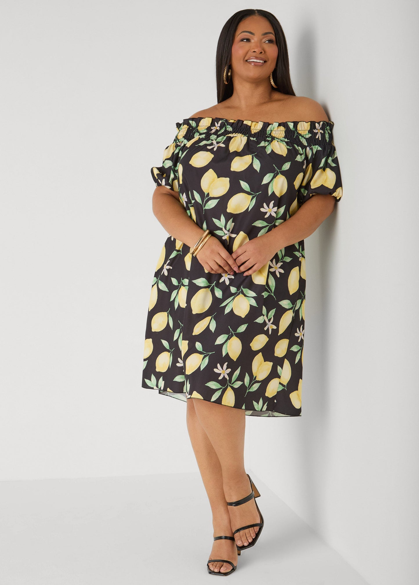 Ashley Stewart Off The Shoulder Lemon Print Dress Black Combo