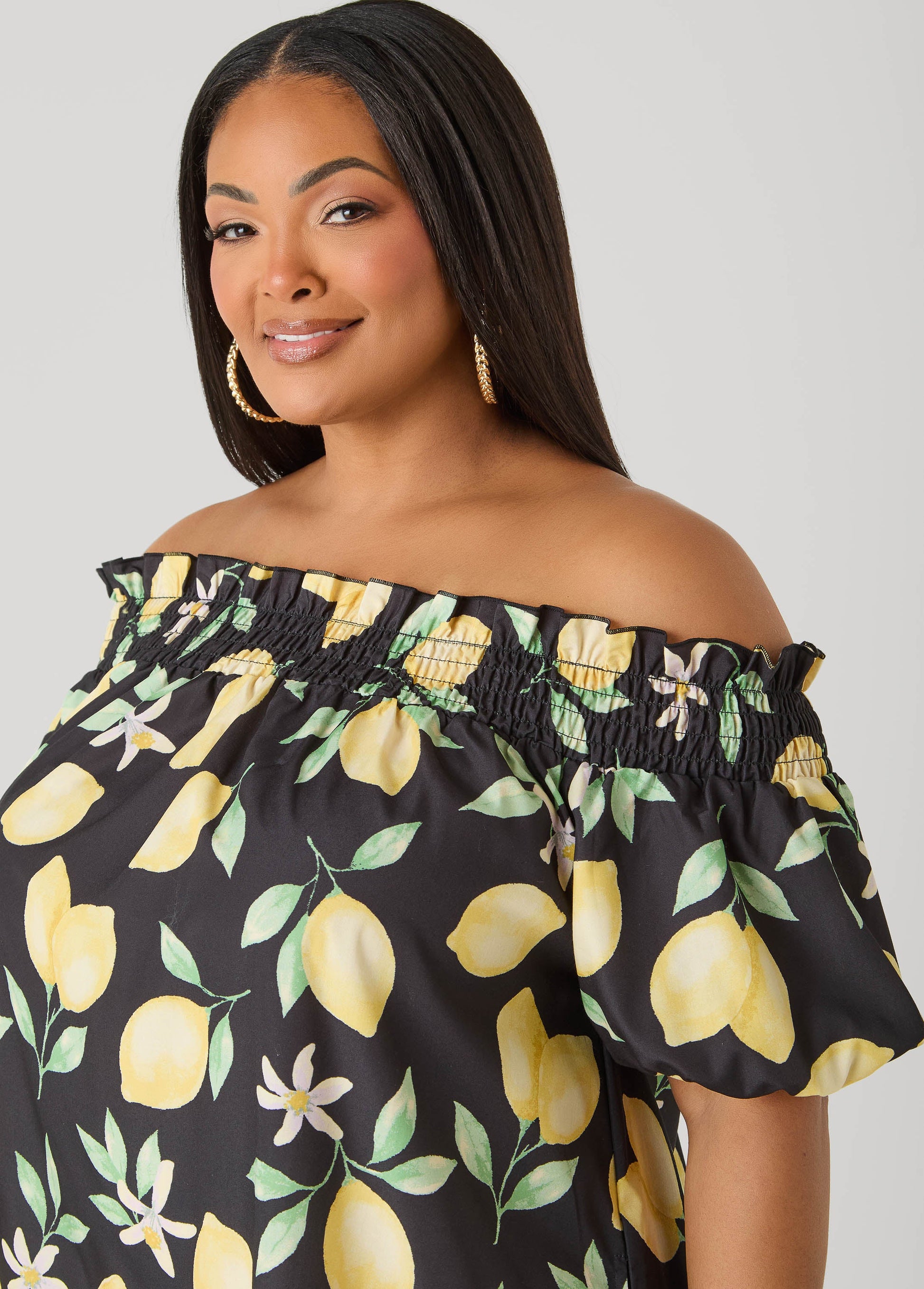 Ashley Stewart Off The Shoulder Lemon Print Dress Black Combo