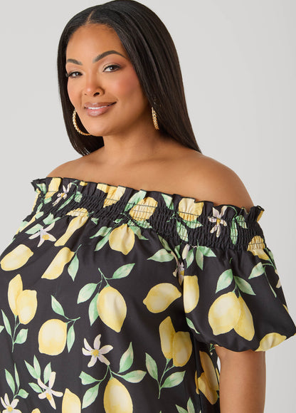 Ashley Stewart Off The Shoulder Lemon Print Dress Black Combo
