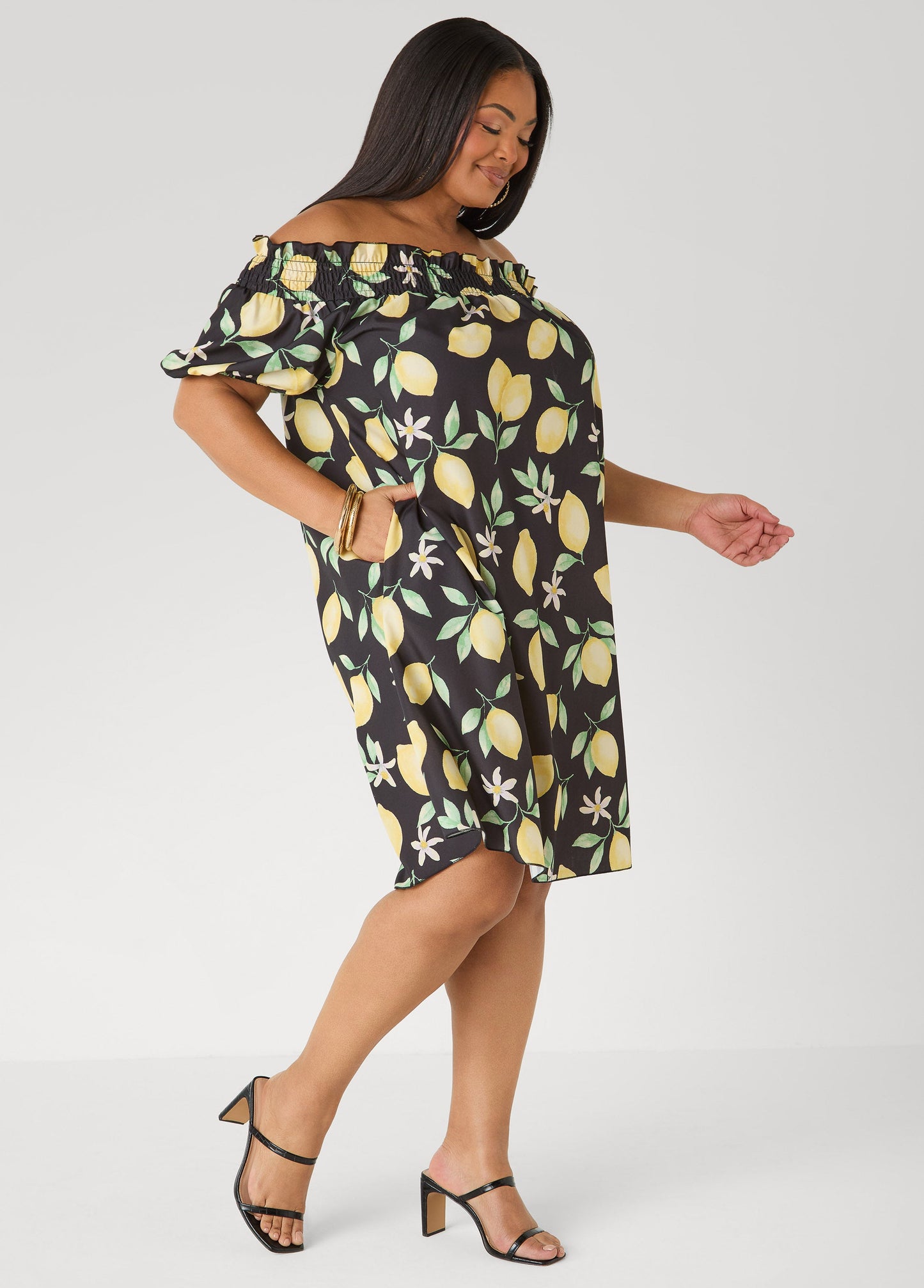Ashley Stewart Off The Shoulder Lemon Print Dress Black Combo