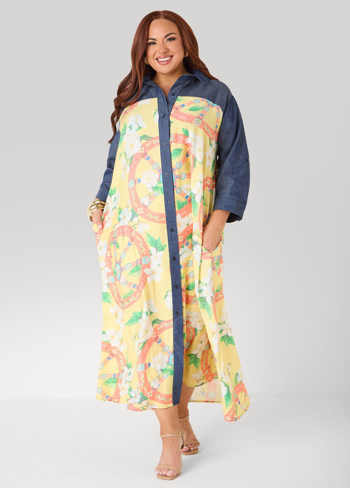 Ashley Stewart Tall Denim Paneled Printed Shirtdress Yellow
