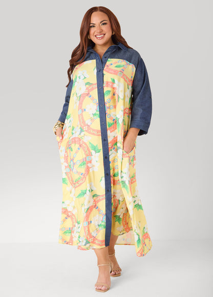 Ashley Stewart Tall Denim Paneled Printed Shirtdress Yellow