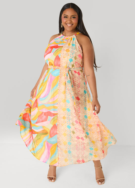 Ashley Stewart Tall Belted Scarf Print Maxi Dress Multi