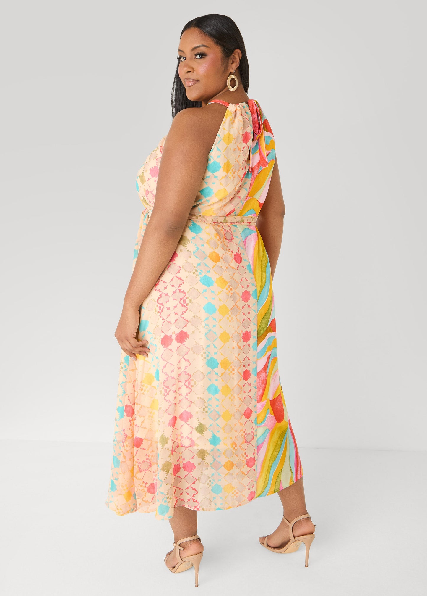 Ashley Stewart Tall Belted Scarf Print Maxi Dress Multi