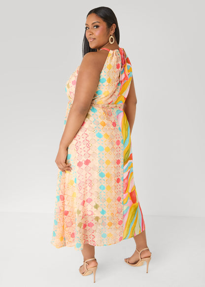 Ashley Stewart Tall Belted Scarf Print Maxi Dress Multi