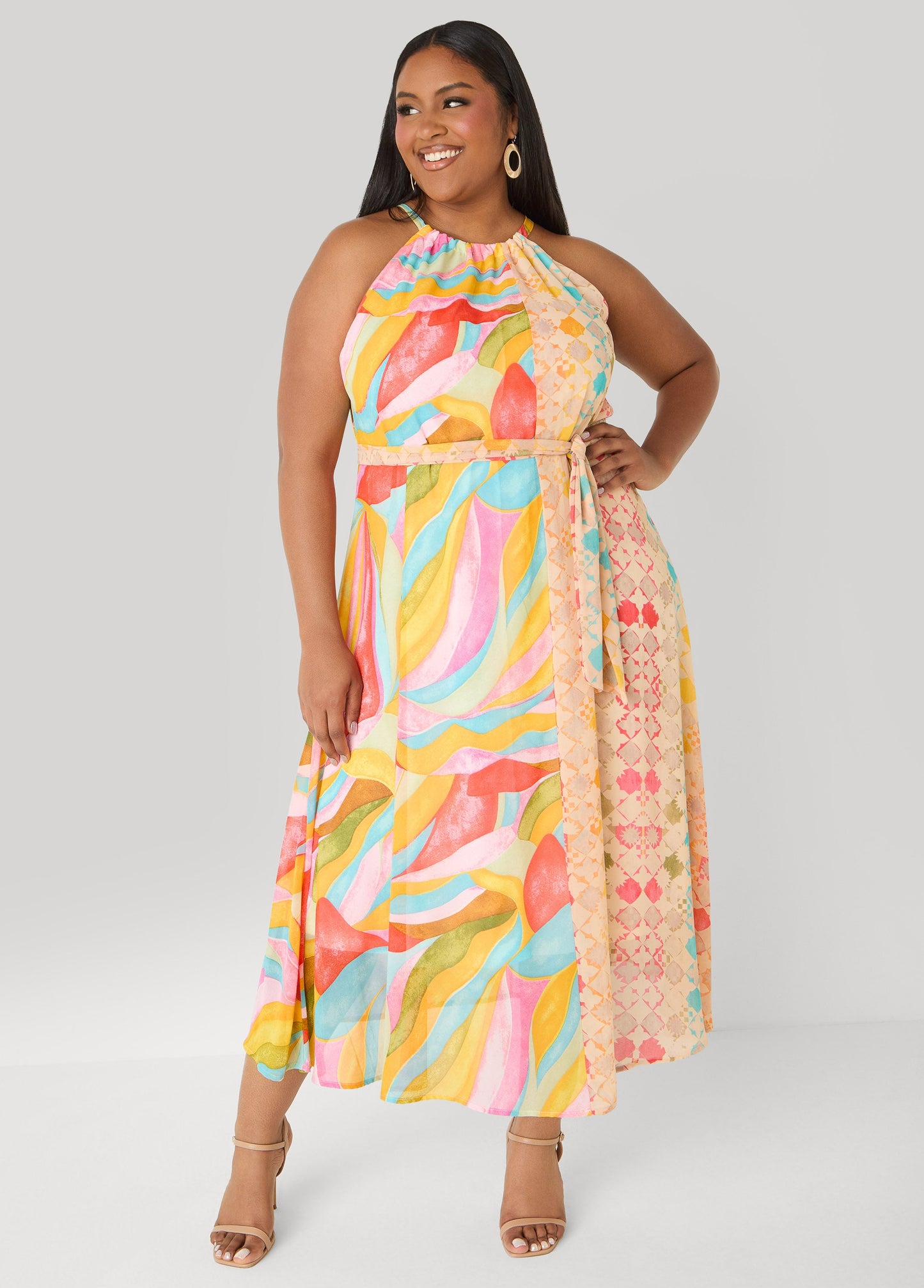 Ashley Stewart Tall Belted Scarf Print Maxi Dress Multi