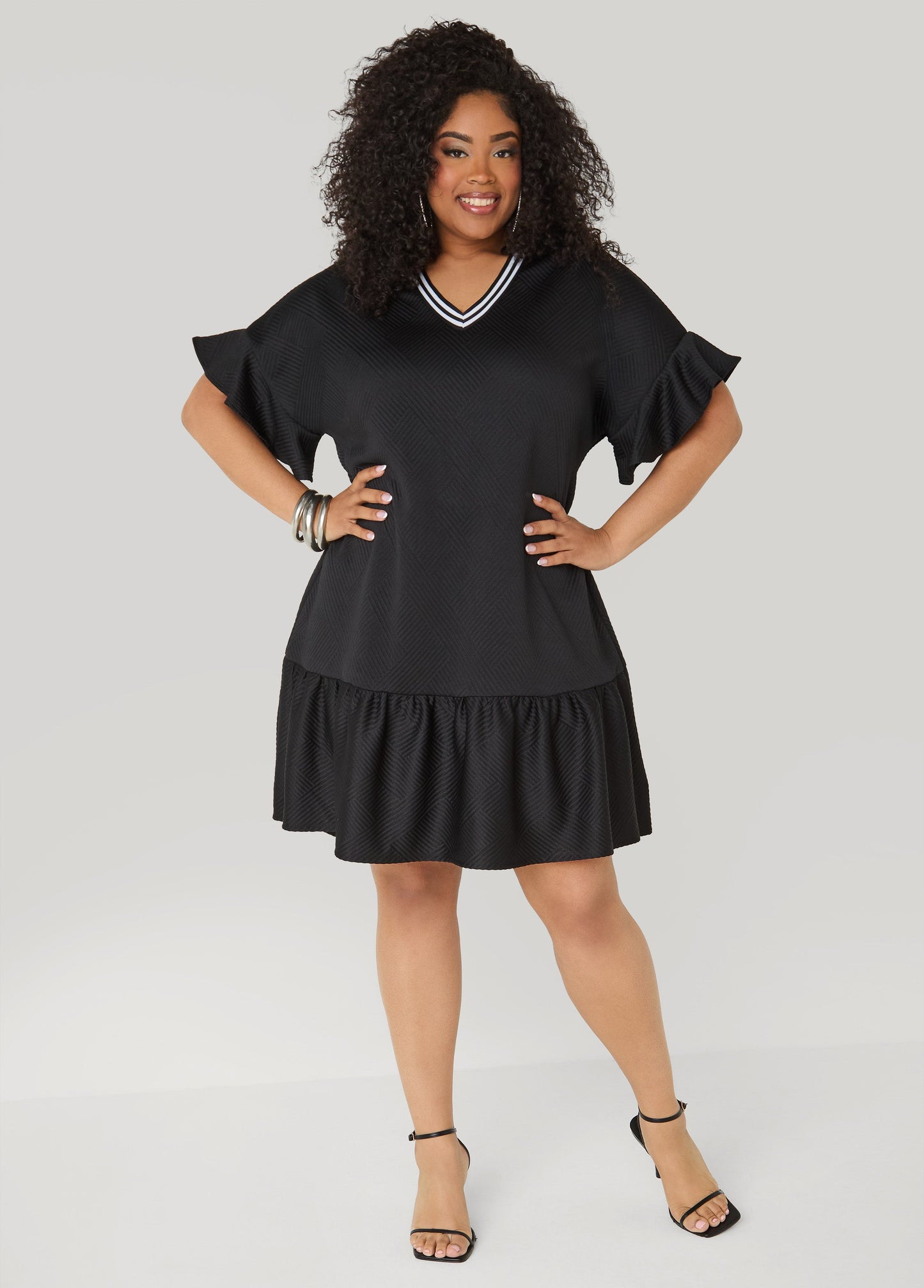 Ashley Stewart Ruffled Textured Babydoll Dress White