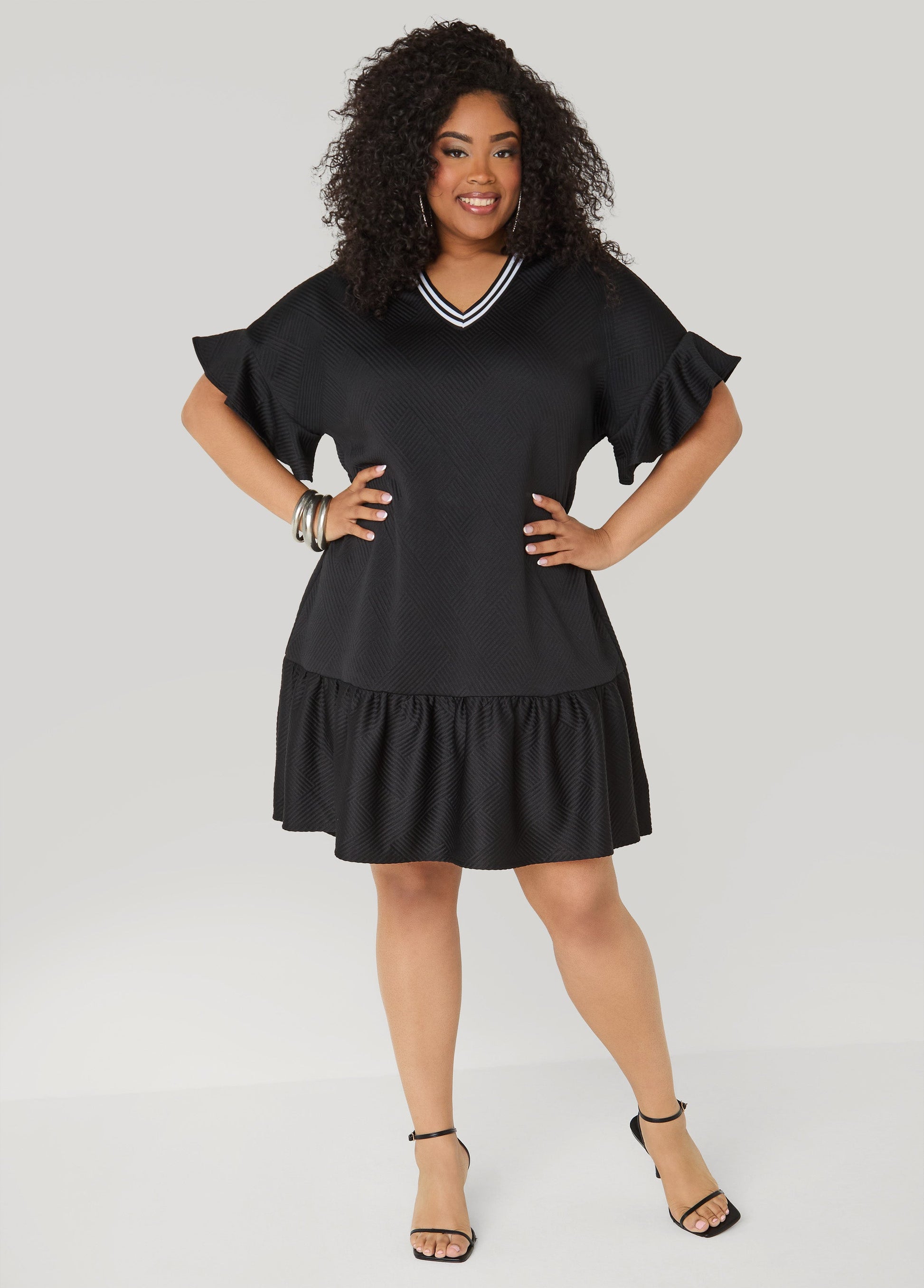 Ashley Stewart Ruffled Textured Babydoll Dress White