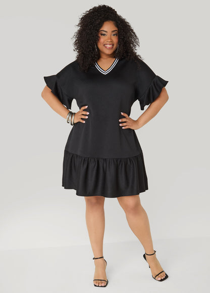 Ashley Stewart Ruffled Textured Babydoll Dress White