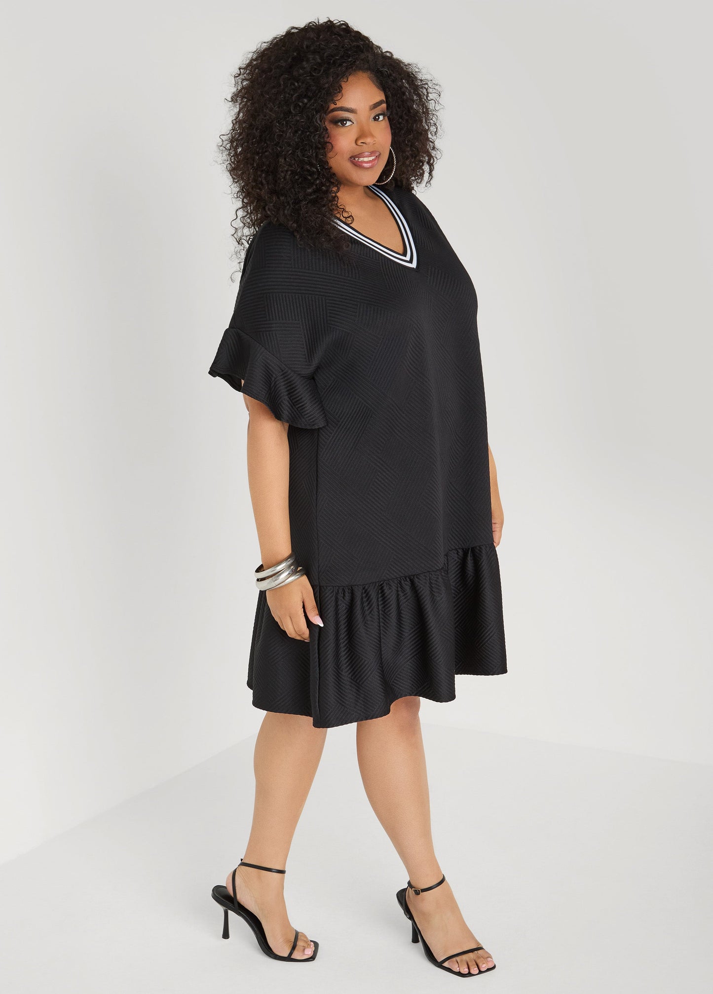 Ashley Stewart Ruffled Textured Babydoll Dress White