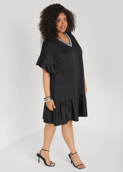 Ashley Stewart Ruffled Textured Babydoll Dress White