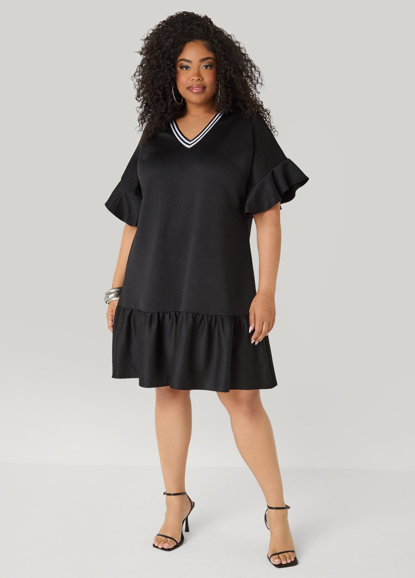 Ashley Stewart Ruffled Textured Babydoll Dress White