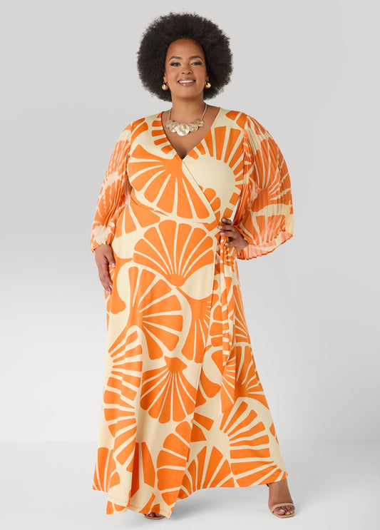 Ashley Stewart Tall Pleated Sleeve Tropical Wrap Dress Persimmon Orange
