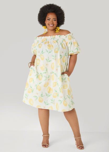 Ashley Stewart Lemon Print Off The Shoulder Dress White