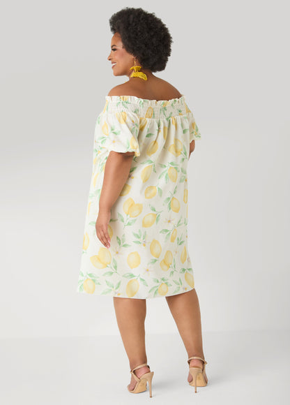 Ashley Stewart Lemon Print Off The Shoulder Dress White
