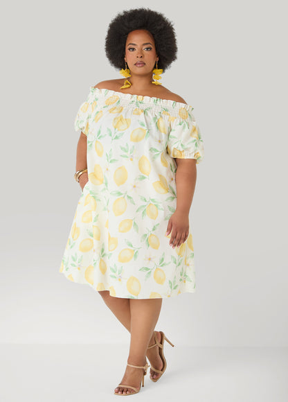 Ashley Stewart Lemon Print Off The Shoulder Dress White