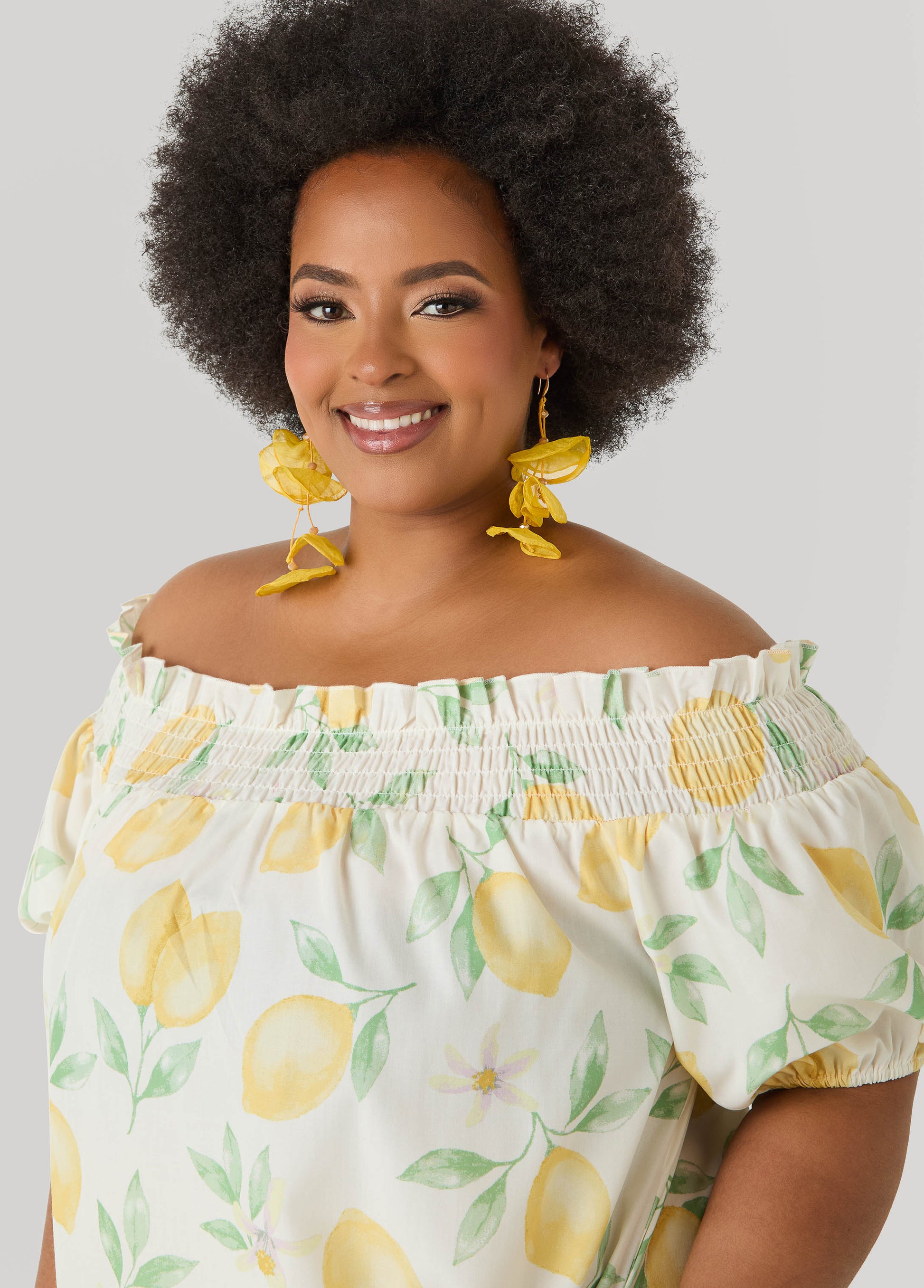 Ashley Stewart Lemon Print Off The Shoulder Dress White