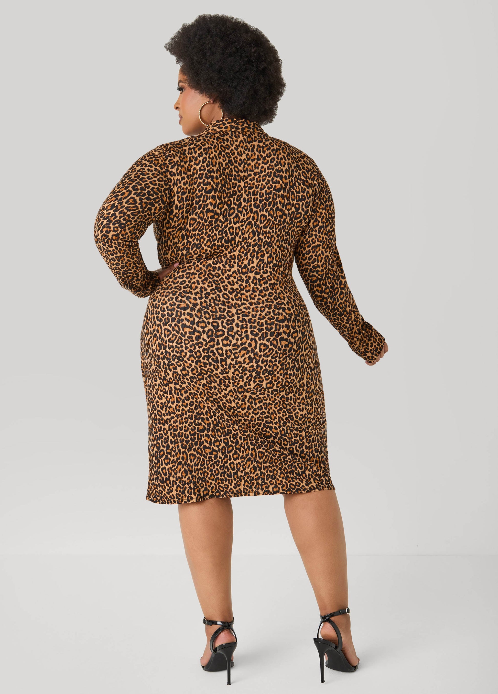 Ashley Stewart Ribbed Leopard Faux Wrap Dress Black Animal