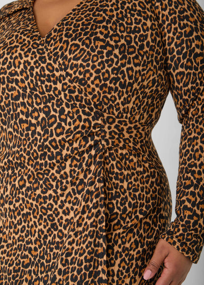 Ashley Stewart Ribbed Leopard Faux Wrap Dress Black Animal