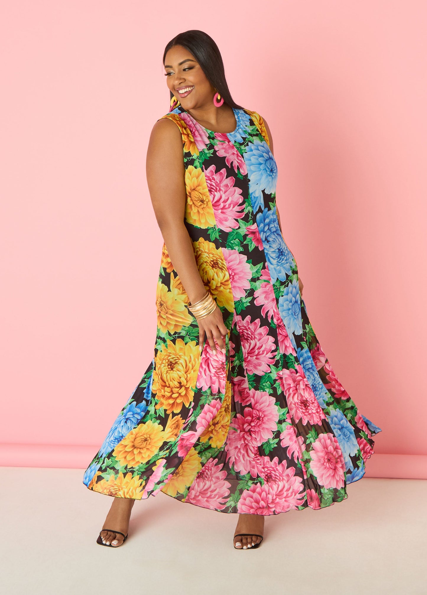 Ashley Stewart Tall Floral Print Mesh Maxi Dress Black Combo