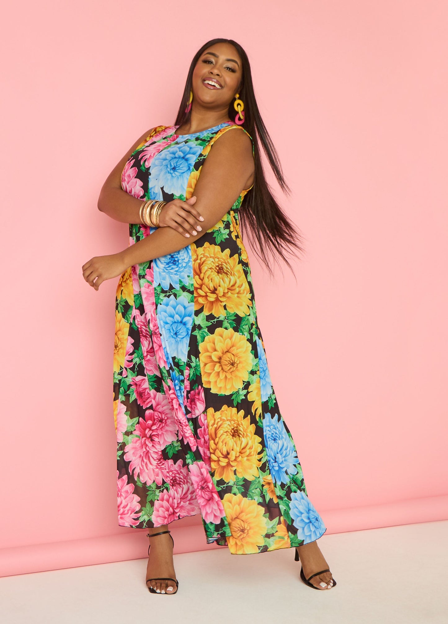 Ashley Stewart Tall Floral Print Mesh Maxi Dress Black Combo