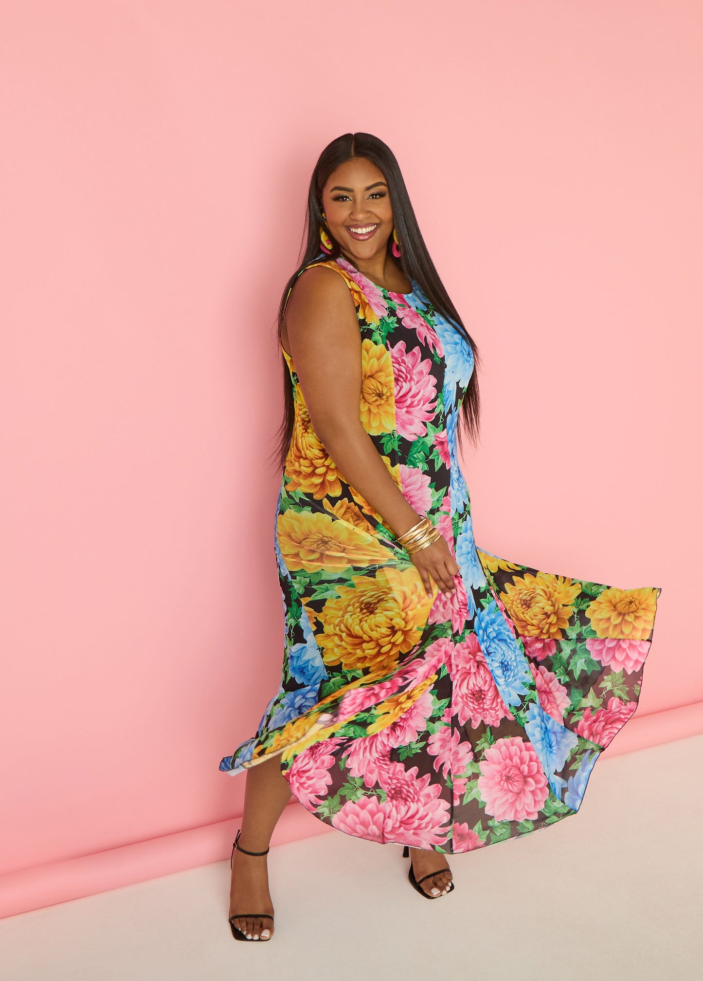 Ashley Stewart Tall Floral Print Mesh Maxi Dress Black Combo