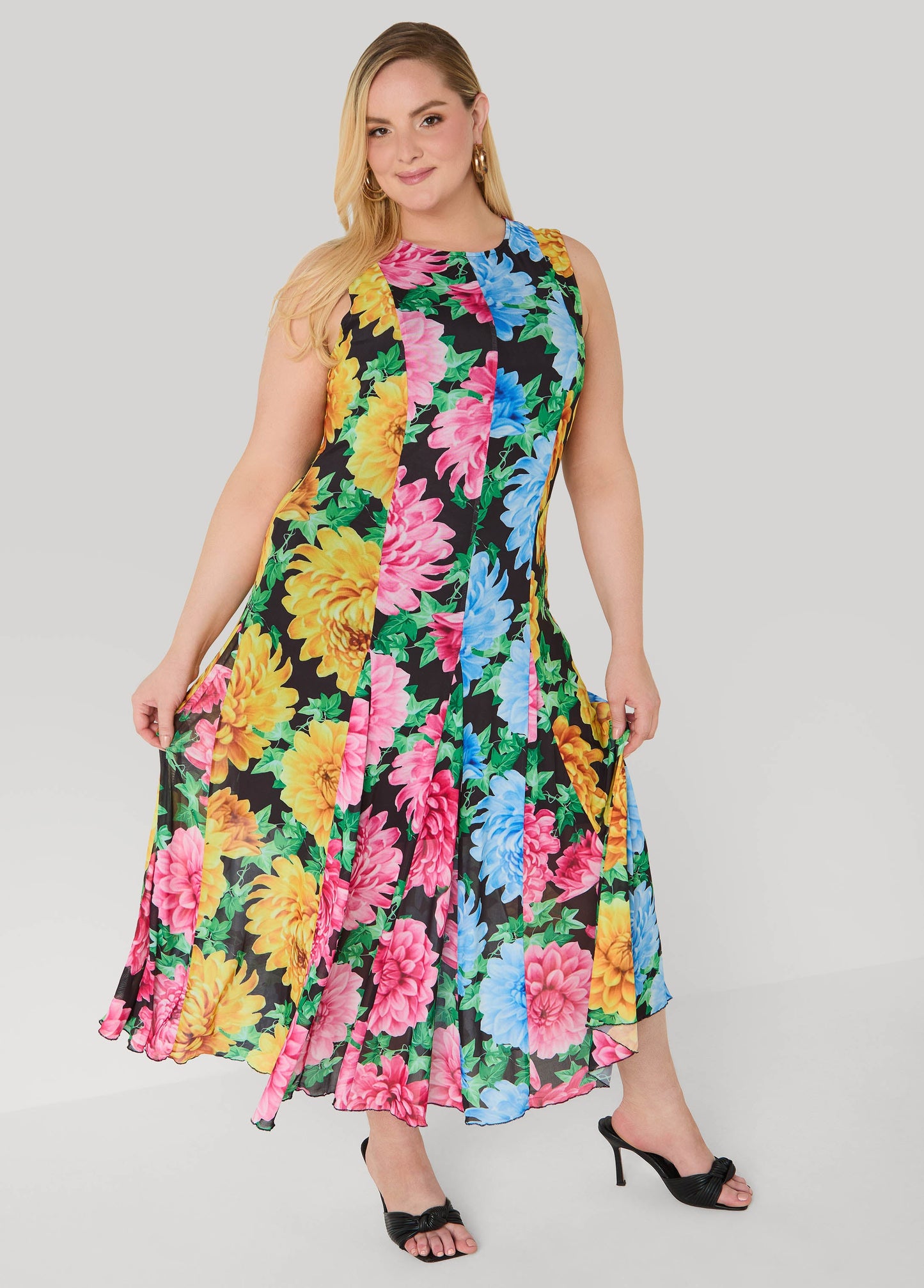 Ashley Stewart Tall Floral Print Mesh Maxi Dress Black Combo