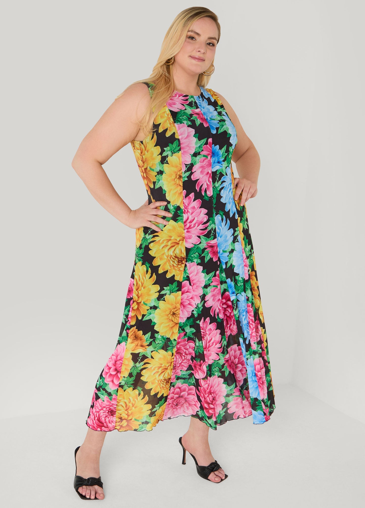Ashley Stewart Tall Floral Print Mesh Maxi Dress Black Combo
