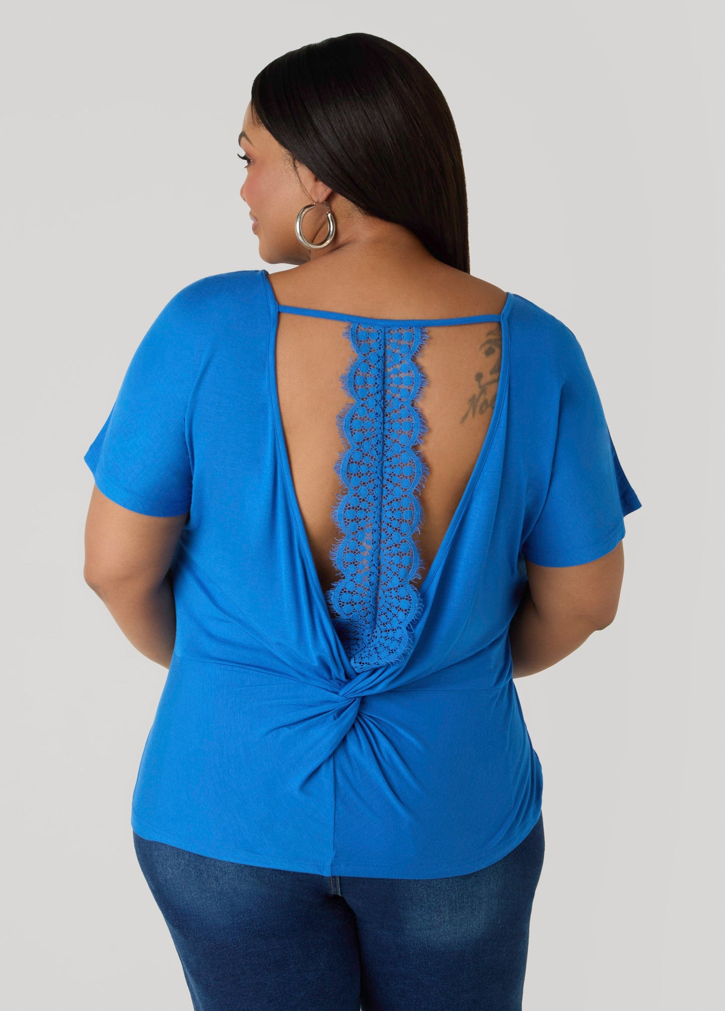 Ashley Stewart Lace Paneled Open Back Top Victoria Blue