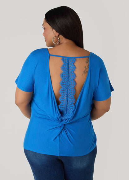 Ashley Stewart Lace Paneled Open Back Top Victoria Blue