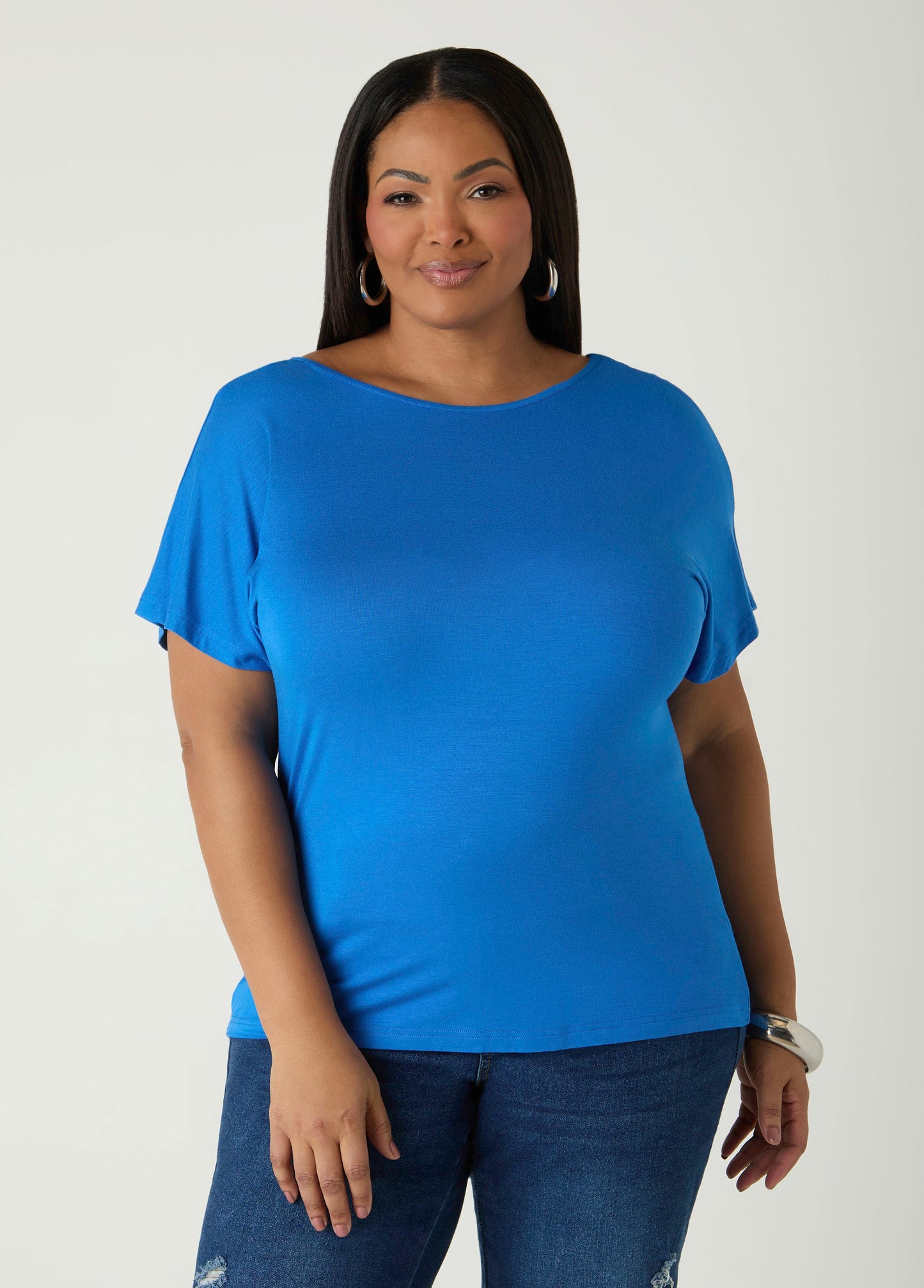Ashley Stewart Lace Paneled Open Back Top Victoria Blue